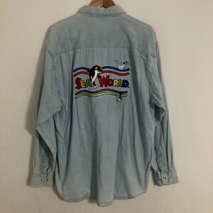 Vtg Sea World Denim Shirt Mens L Long Sleeve Embroidered Chambray Shamu Ocean
